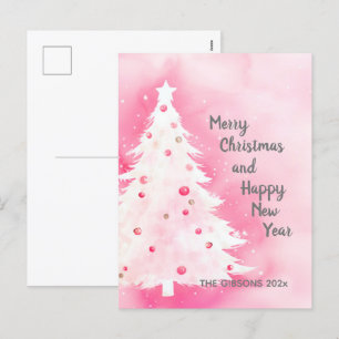 Pink White Christmas Tree Watercolor Postcard