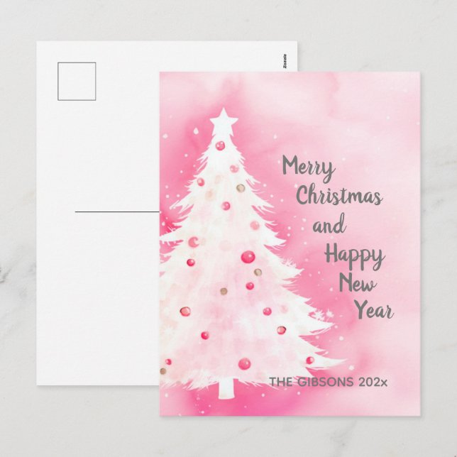 Pink White Christmas Tree Watercolor Postcard (Front/Back)