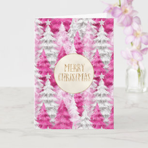 Pink White Christmas Trees Gold Glitter Card