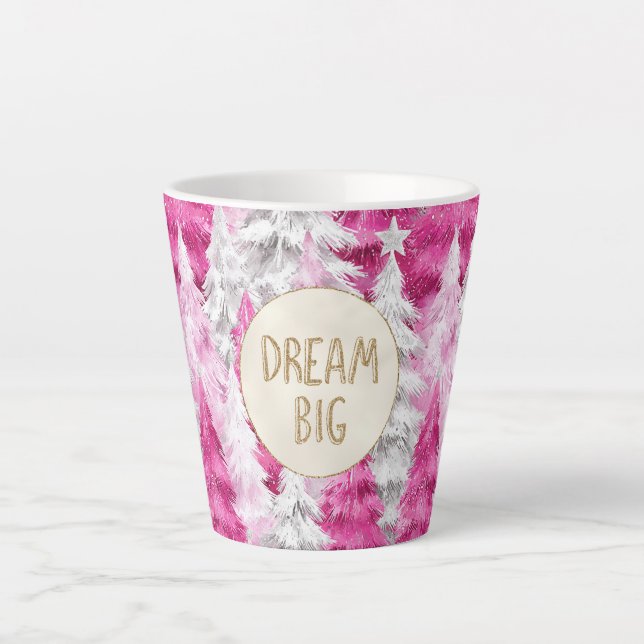 Pink White Christmas Trees Gold Glitter Dream Latte Mug (Front)