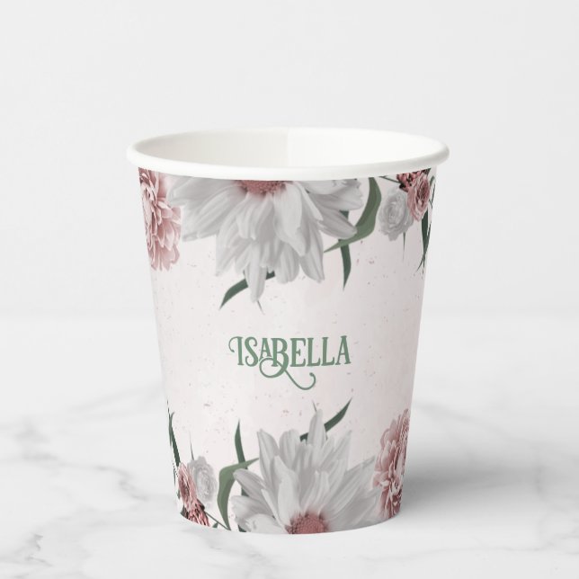 pink, white & cinnamon rose flowers greenery party paper cups (Left)