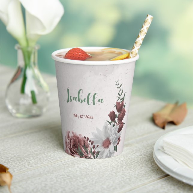 pink, white & cinnamon rose flowers greenery party paper cups (Insitu)