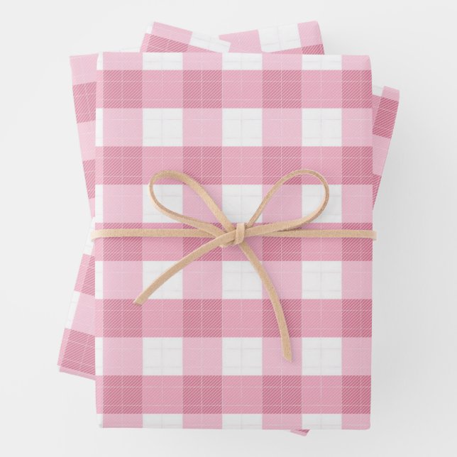 Pink & White Classic Gingham Pattern Wrapping Paper Sheet (In situ)