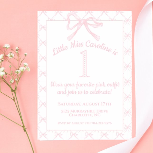 Pink & White Coquette Bow Birthday Girl, Pink Bow Invitation (Creator Uploaded)