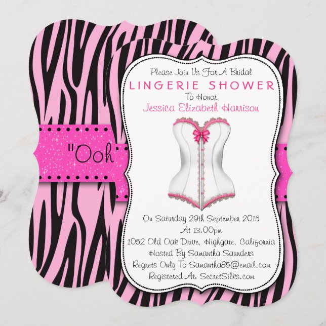Pink & White Corset On Zebra Print Lingerie Shower Invitation (Front/Back)