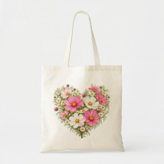 Pink White Cosmos Meadow Heart Tote Bag