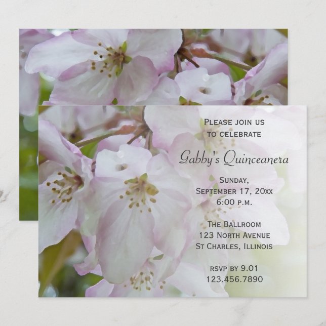 Pink White Crab Apple Flower Blossoms Quinceanera Invitation (Front/Back)