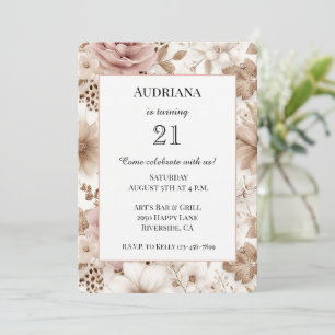 Pink White Cream Flowers Leopard Abstract Birthday Invitation