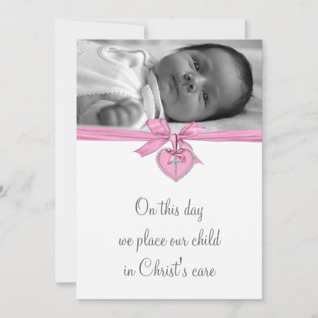 Pink White Cross Baby Girl Photo Christening Invitation (Front)