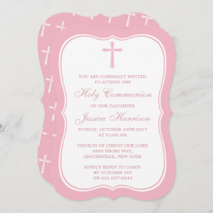 Pink & White Cross Holy Communion Or Confirmation Invitation