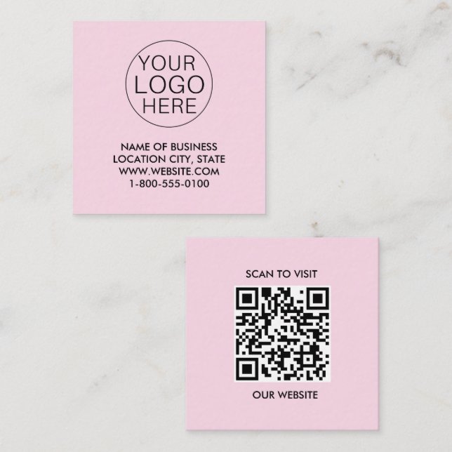 Pink White Custom Logo and QR Code Square Business Card (Front/Back)