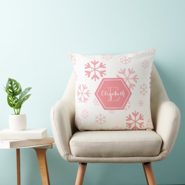 Pink White Custom Monogram Snowflake Throw Pillow (Chair)