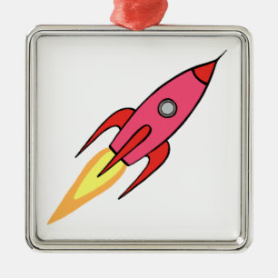 Pink & White Cute Retro Rocketship Cartoon Design Metal Tree Decoration