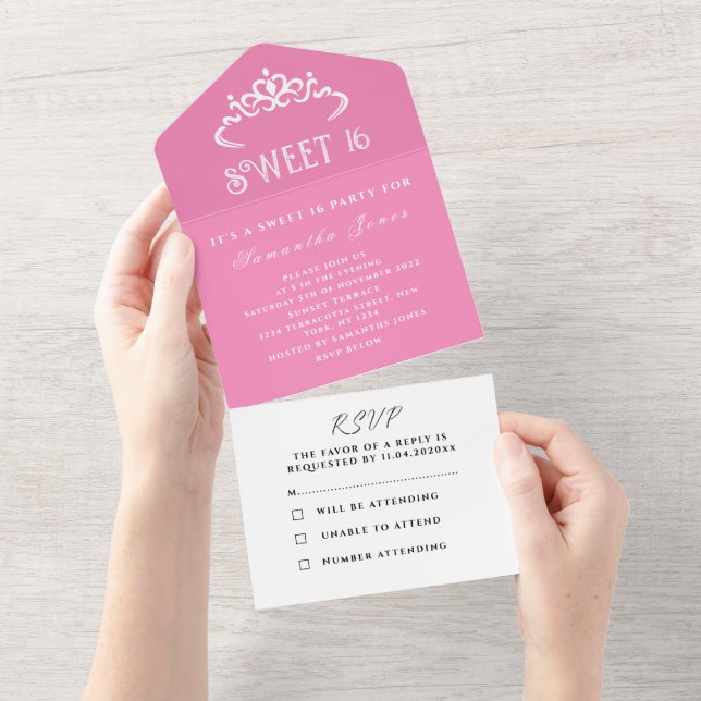 Pink White Cute Sweet 16 Tiara Sixteen Modern All In One Invitation (Tearaway)