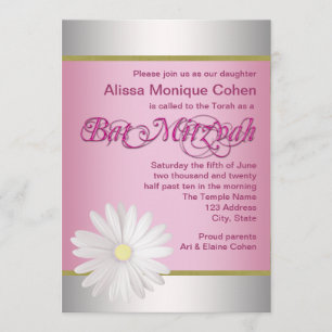 Pink White Daisy Bat Mitzvah Invitations