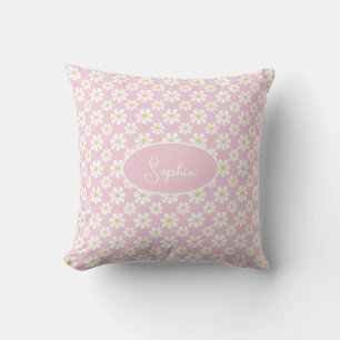 Pink White Daisy Pattern Custom Name Cushion