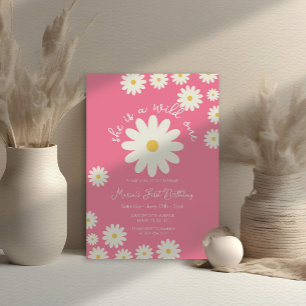 Pink White Daisy She is a Wild ONE Birthday  Invitation