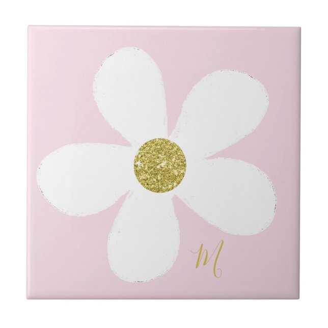 Pink White  Daisy Simple Floral Gold Personal Tile (Front)