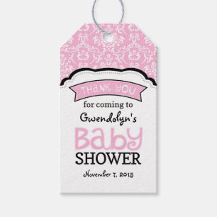 Pink White Damask Baby Shower Thank You Tags