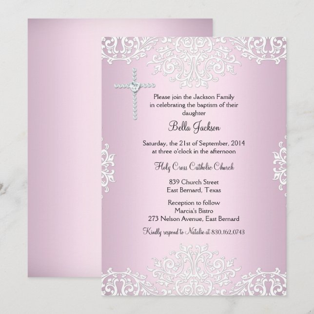 Pink White Damask Baptism/Christening Invite (Front/Back)