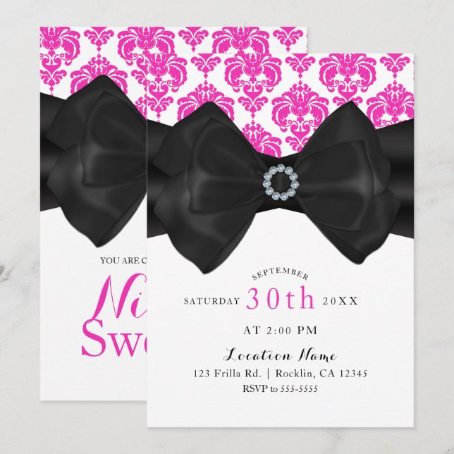 Pink & White Damask Black Bow Glam Sweet 16 Party Invitation (Front/Back)