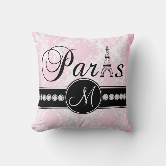 Pink White Damask Black Parisian Monogram Pillow (Front)