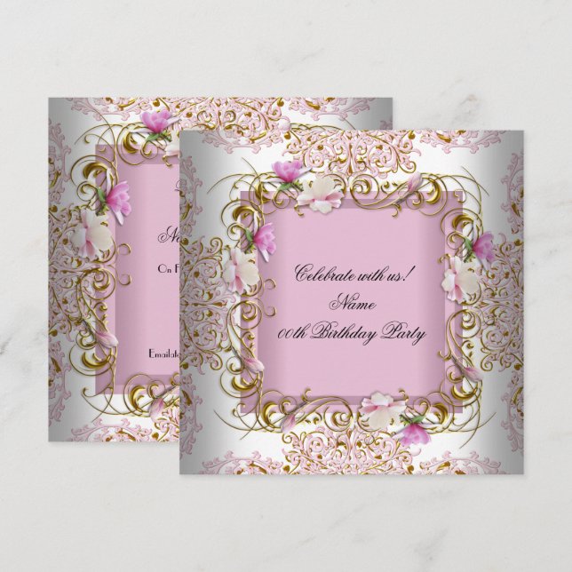 Pink White Damask Gold Flowers Birthday Party Invitation (Front/Back)