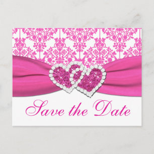 Pink, White Damask Hearts Save the Date Postcard