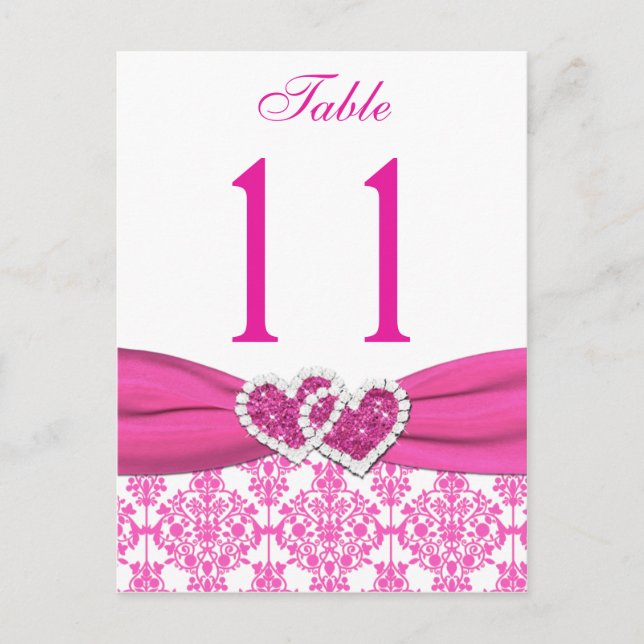 Pink, White Damask Joined Hearts Table Number Postcard (Front)