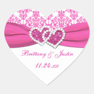 Pink, White Damask Joined Hearts Wedding Sticker