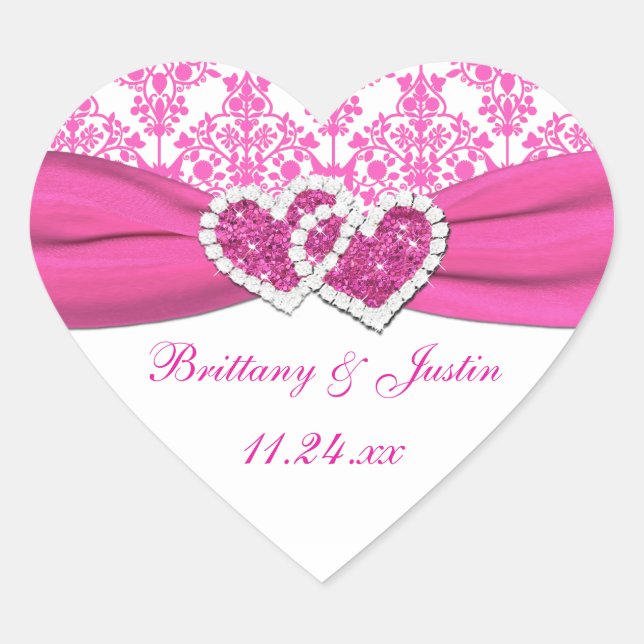 Pink, White Damask Joined Hearts Wedding Sticker (Front)