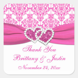 Pink, White Damask Joined Hearts Wedding Sticker