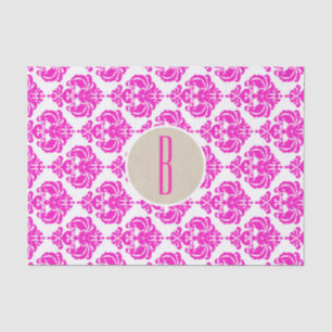 Pink White Damask Kraft Monogram Letter Initial Tissue Paper