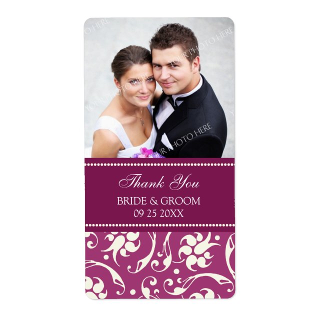 Pink White Damask Photo Wedding Labels (Front)