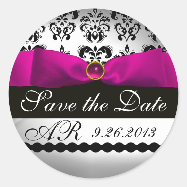 PINK WHITE DAMASK RIBBON MONOGRAM Purple Fuchsia Classic Round Sticker (Front)