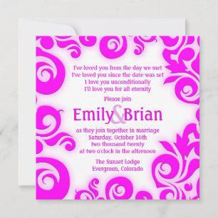 Pink white damask swirl wedding invitations