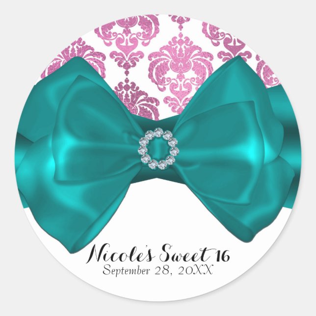 Pink & White Damask Teal Bow Glam Sweet 16 Party Classic Round Sticker (Front)