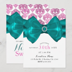 Pink & White Damask Teal Bow Glam Sweet 16 Party Invitation