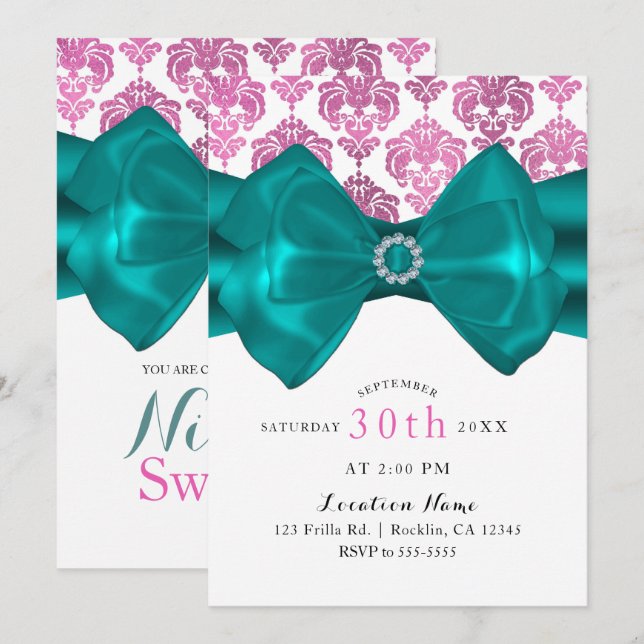 Pink & White Damask Teal Bow Glam Sweet 16 Party Invitation (Front/Back)