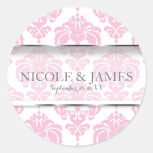 Pink & White Damask Vintage Wedding Event Favour Classic Round Sticker