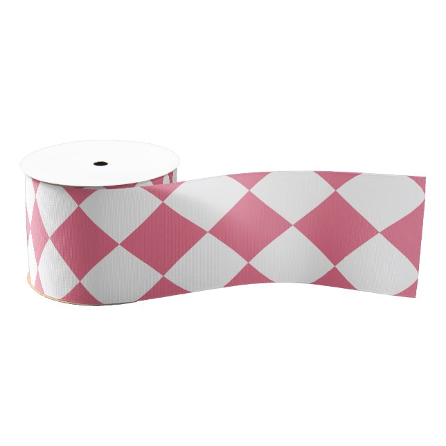 Pink White Diamond Chequered Pattern Grosgrain Ribbon (Spool)