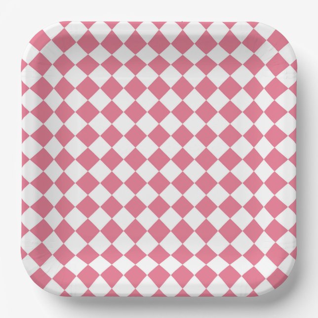 Pink White Diamond Chequered Pattern Paper Plate (Front)