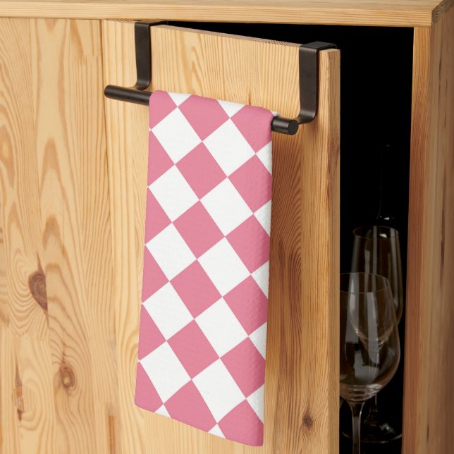 Pink White Diamond Chequered Pattern Tea Towel (Thirds Fold)
