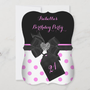Pink White Diamond Heart Black Polka Dots Birthday Invitation