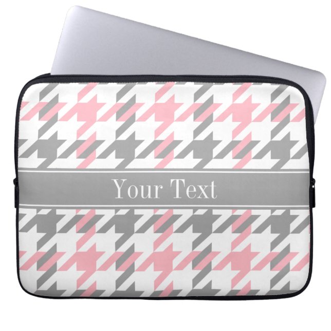 Pink White Dk Gray Houndstooth Name Monogram Laptop Sleeve (Front)