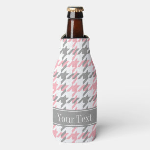 Pink White Dk Grey Houndstooth Name Monogram Bottle Cooler