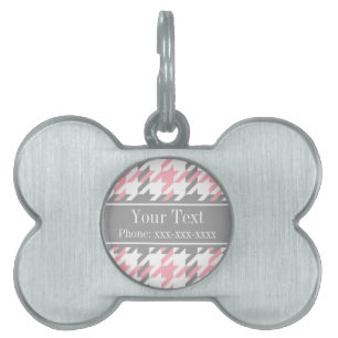 Pink White Dk Grey Houndstooth Name Monogram Pet Name Tag
