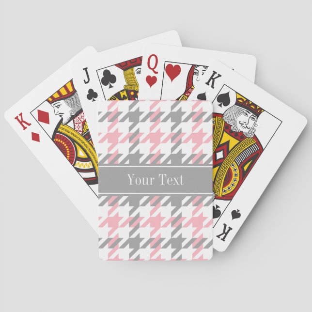 Pink White Dk Grey Houndstooth Name Monogram Playing Cards (Back)