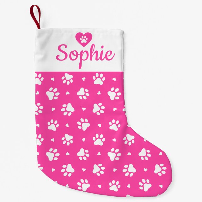 Pink White Dog Paws and Hearts Pattern Small Christmas Stocking (Front)