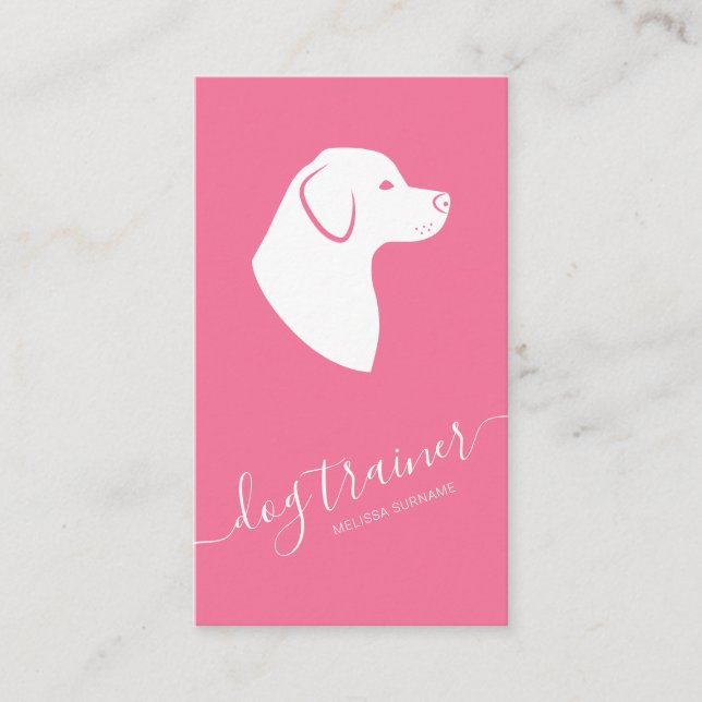 Pink & White Dog Silhouette Modern Dog Trainer Business Card (Front)
